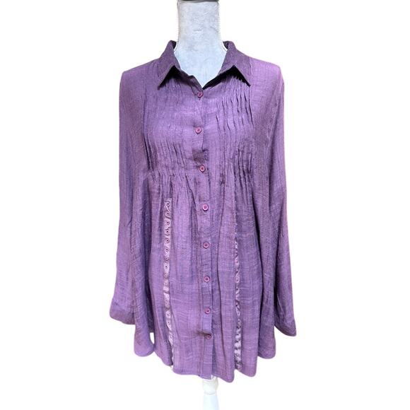 LOVE IS ALL Lagenlook Purple Button Front Pleated Tunic Blouse M - Picture 1 of 10